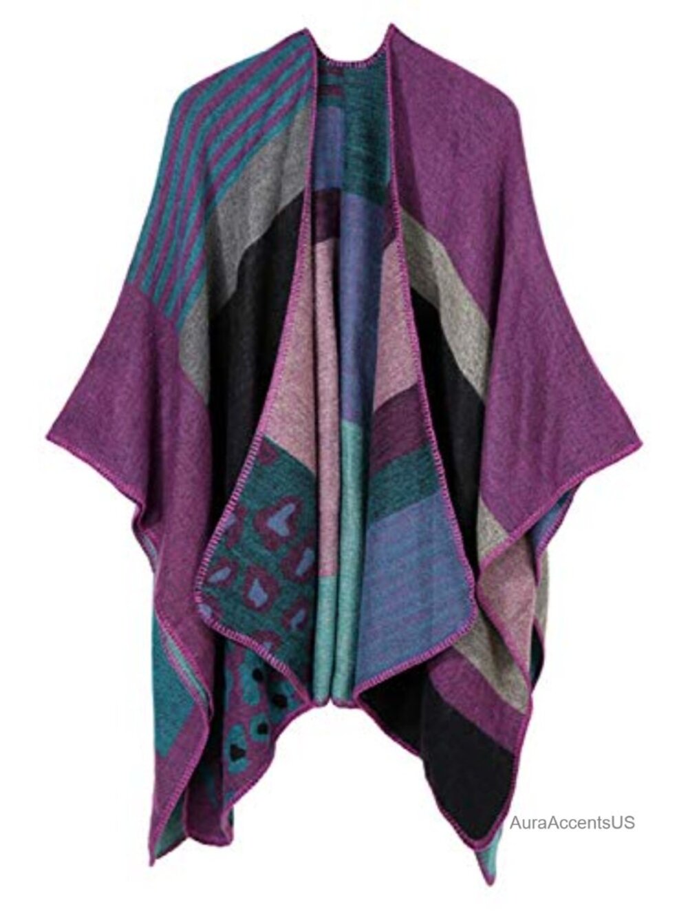 Women's Reversible Plaid Poncho Cape Shawl Wrap Open Front Long